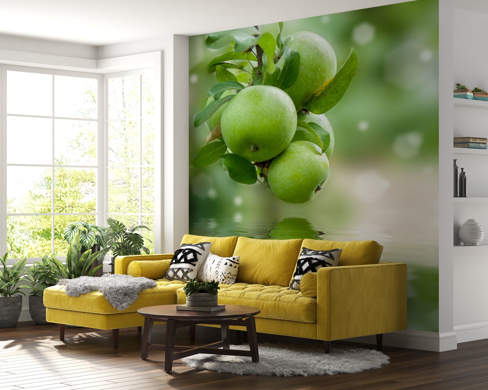 Fotobehang groene appels weerspiegeld in water