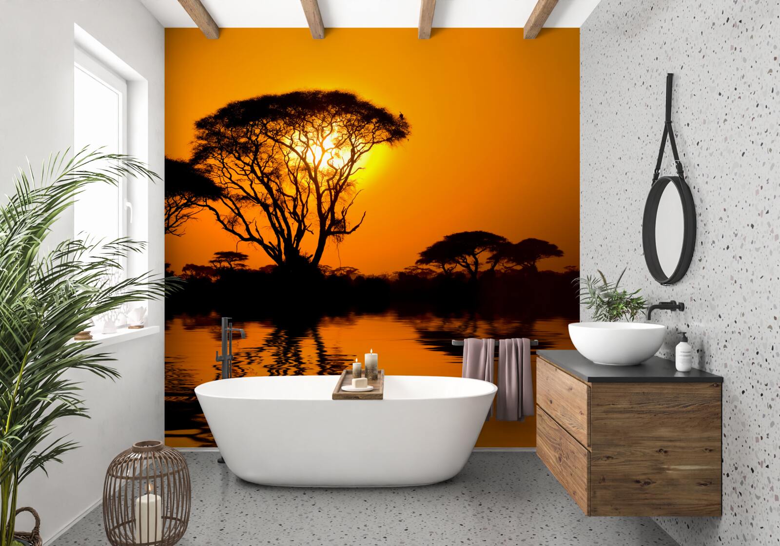 Fotobehang zonsondergang in de woestijn weerspiegeld in water