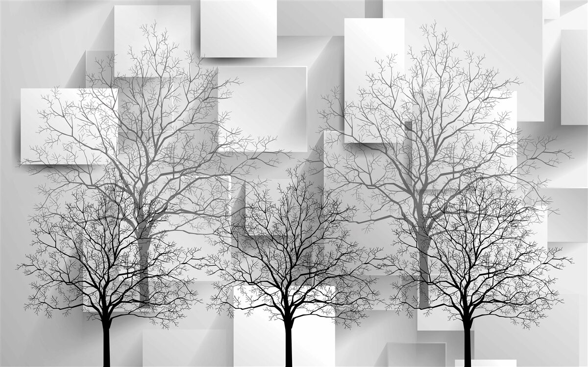 Fotobehang Kale bomen tegen een achtergrond van abstracte vormen