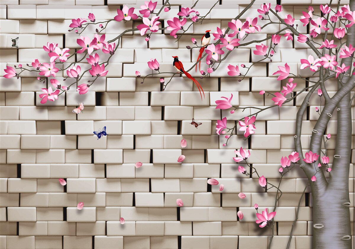 Fotobehang sakura bloeide tegen een bakstenen muur