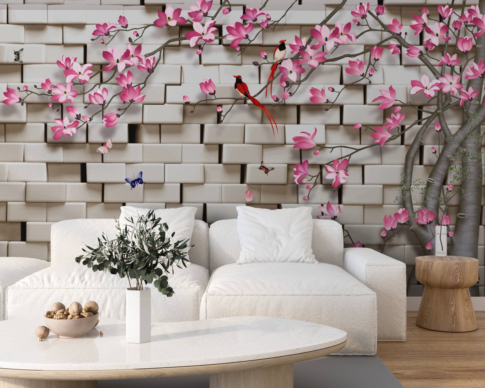 Fotobehang sakura bloeide tegen een bakstenen muur