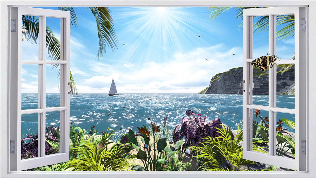 Fotobehang een prachtig uitzicht op de oceaan vanuit het raam