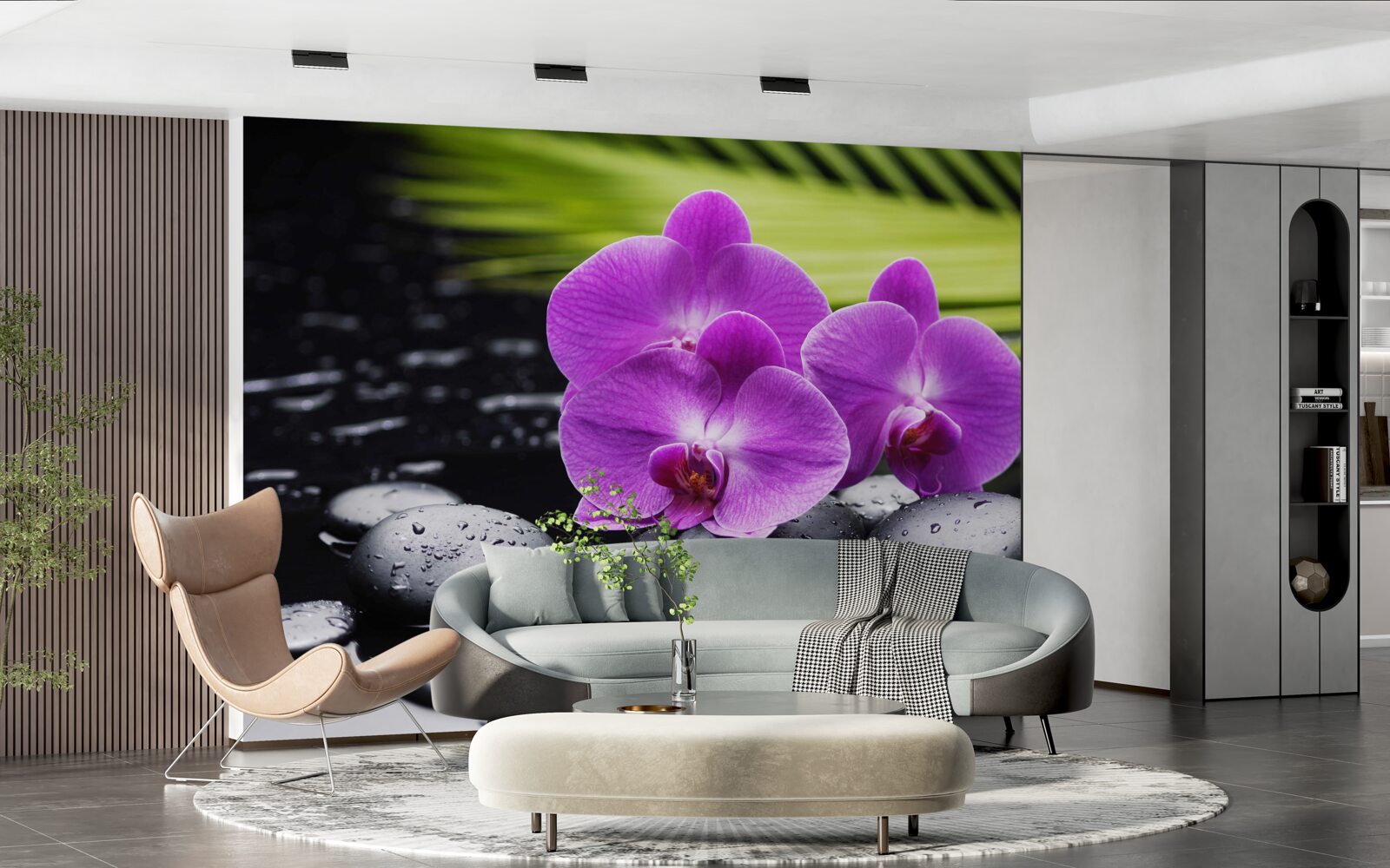 Fotobehang paarse orchidee op een zwarte steen bij het water