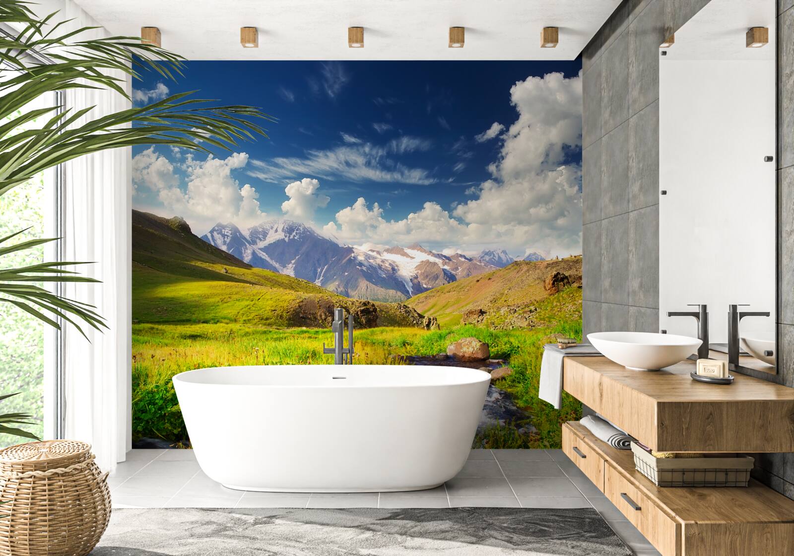 Fotobehang een rivier in de bergen die door weilanden stroomt