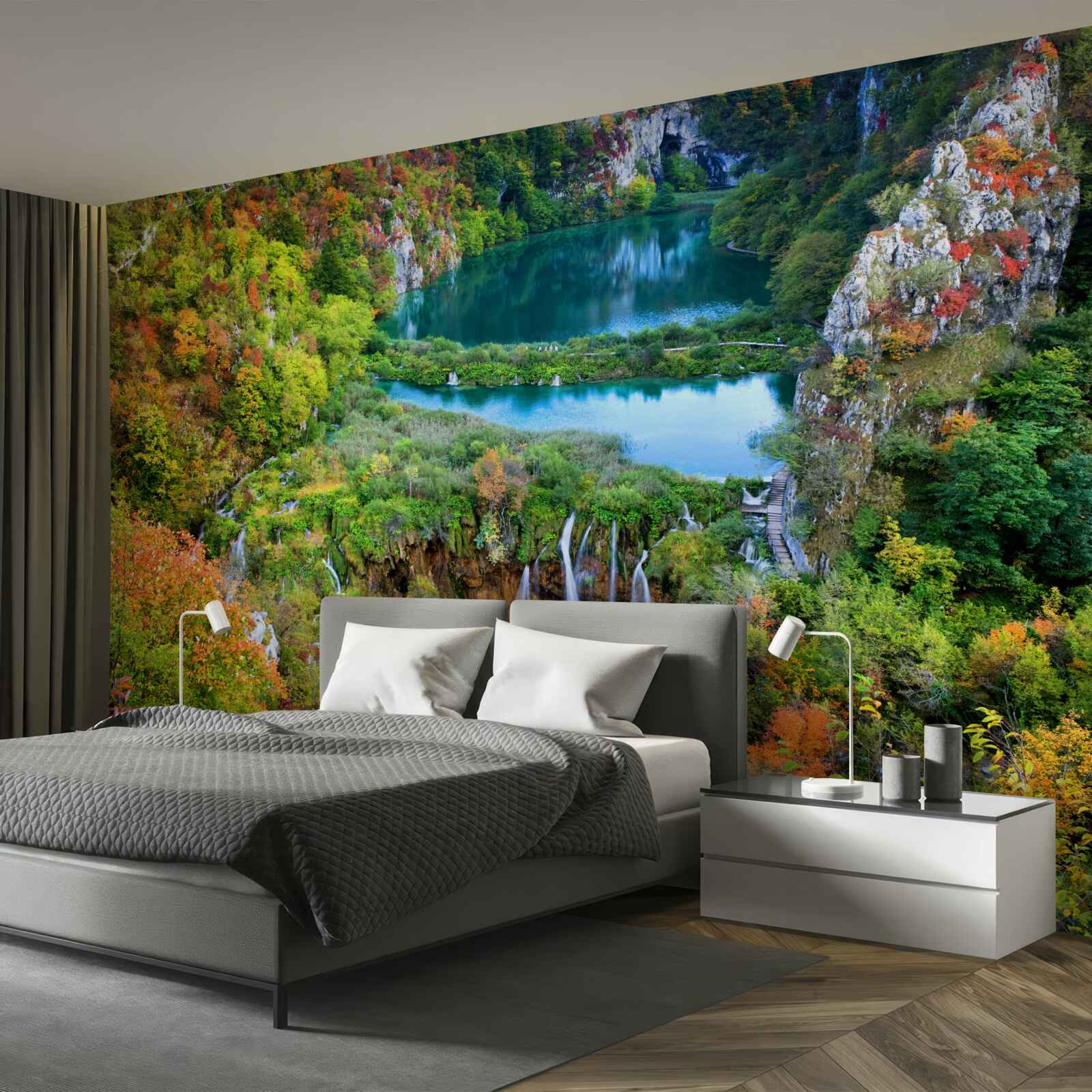Fotobehang herfstbos versierd met een stromende waterval