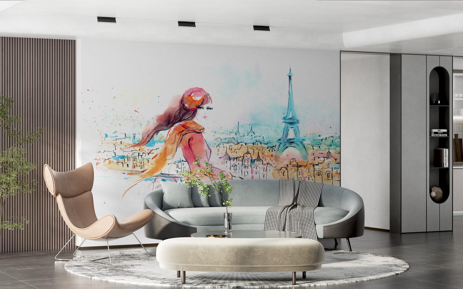 Fotobehang meisje wandelt door aquarel parijs