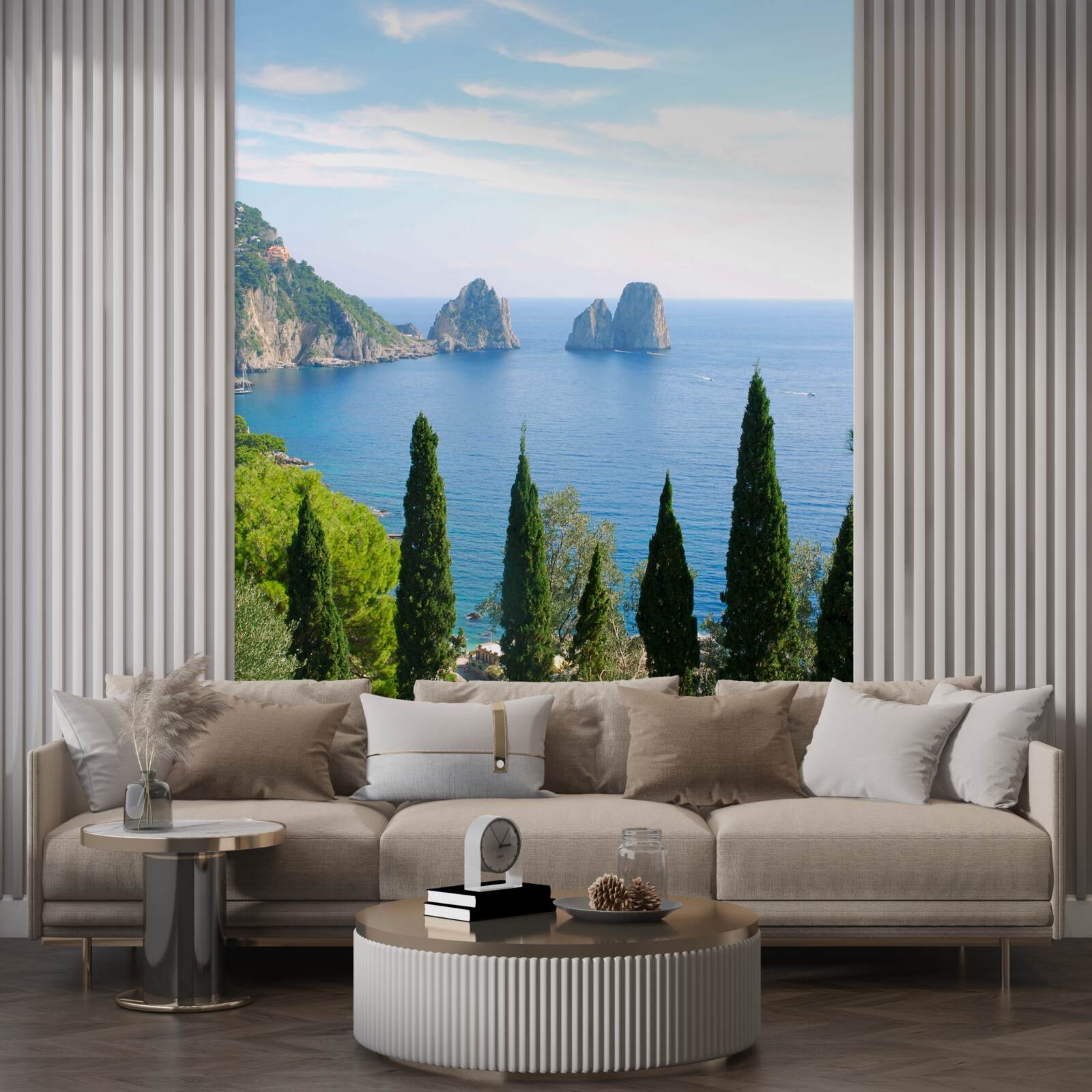 Fotobehang rotskust en hoge cipressen