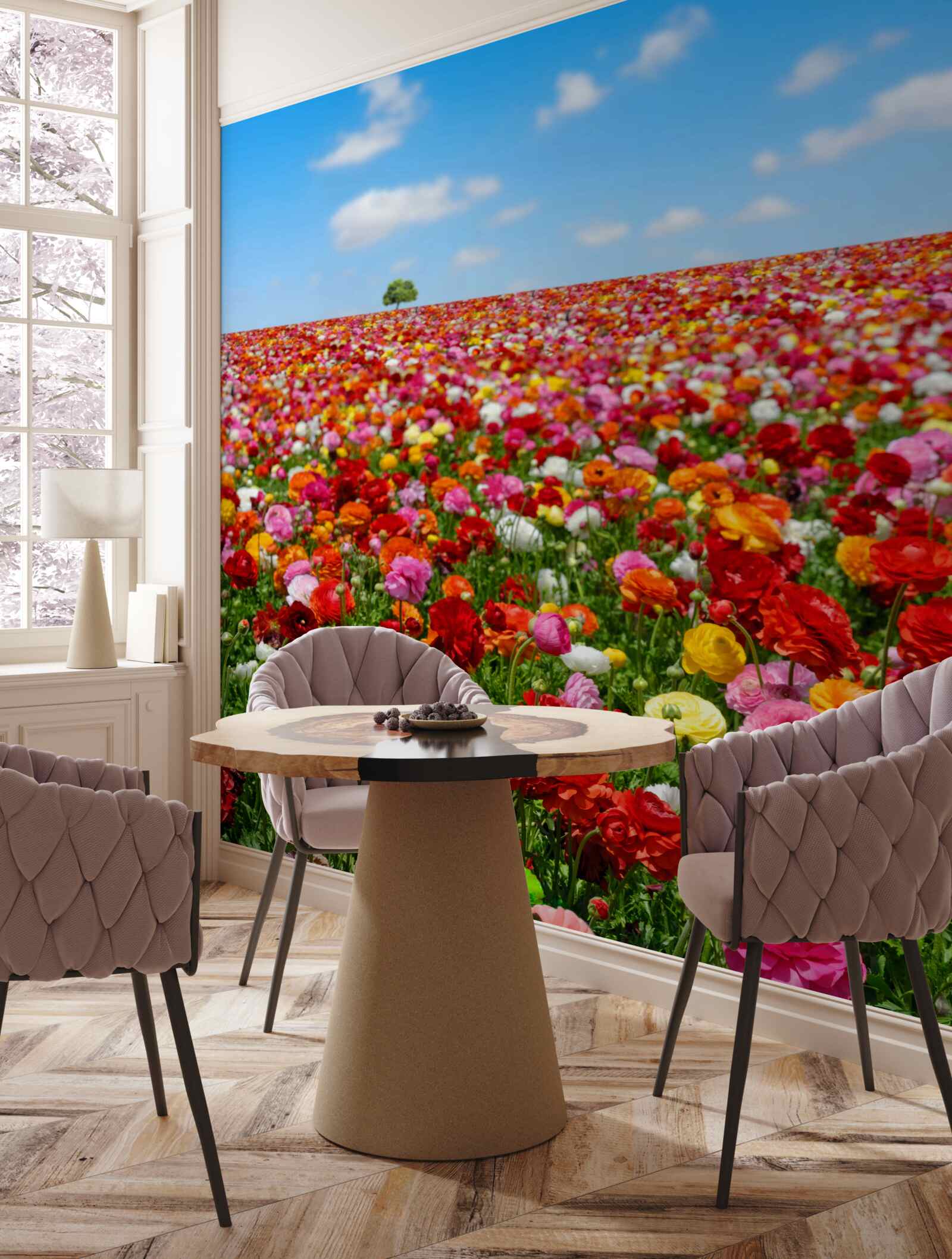 Fotobehang een weide bezaaid met een veelheid aan kleurrijke bloemen