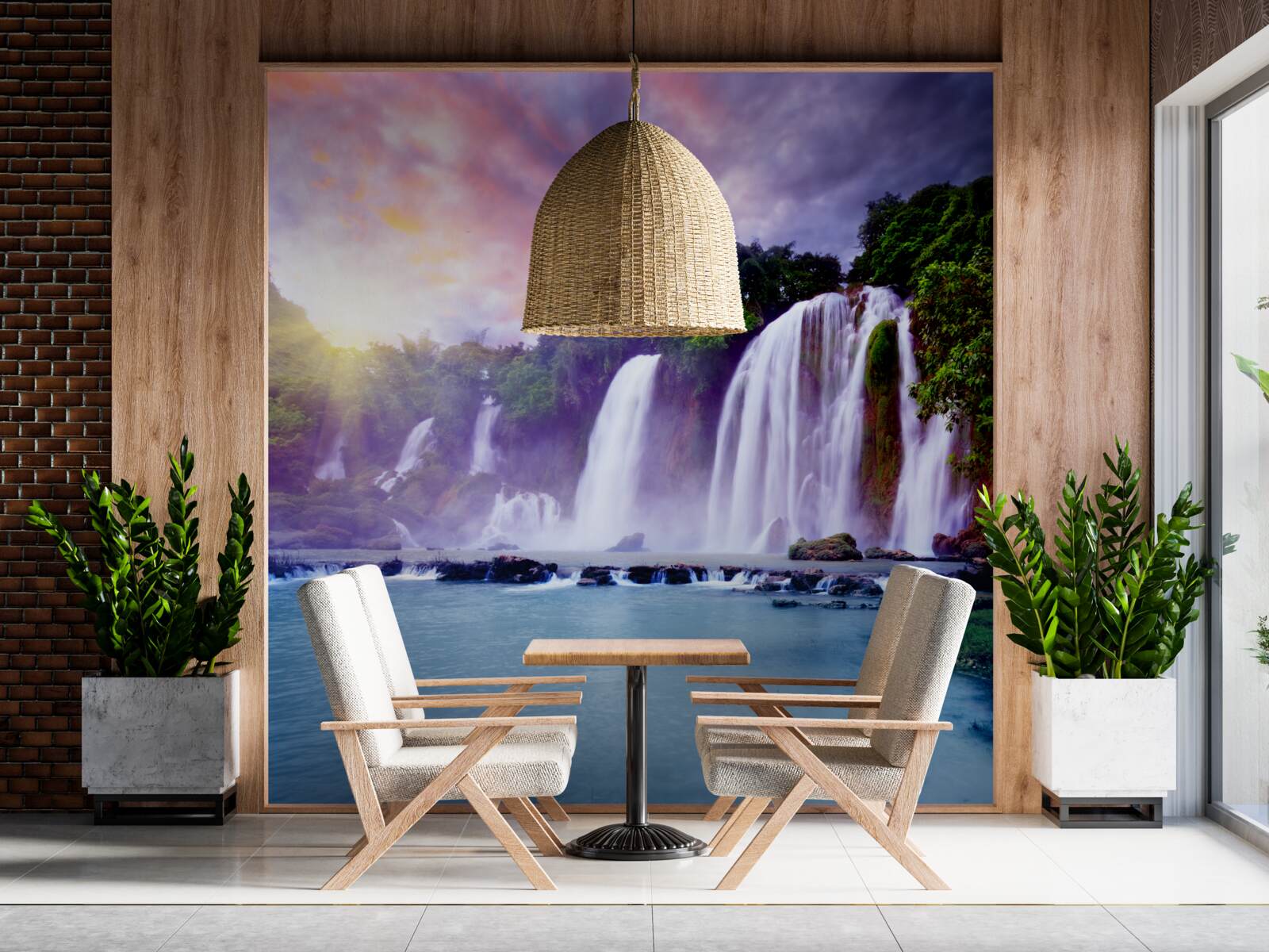 Fotobehang een enorme waterval op een achtergrond van een zonsondergang