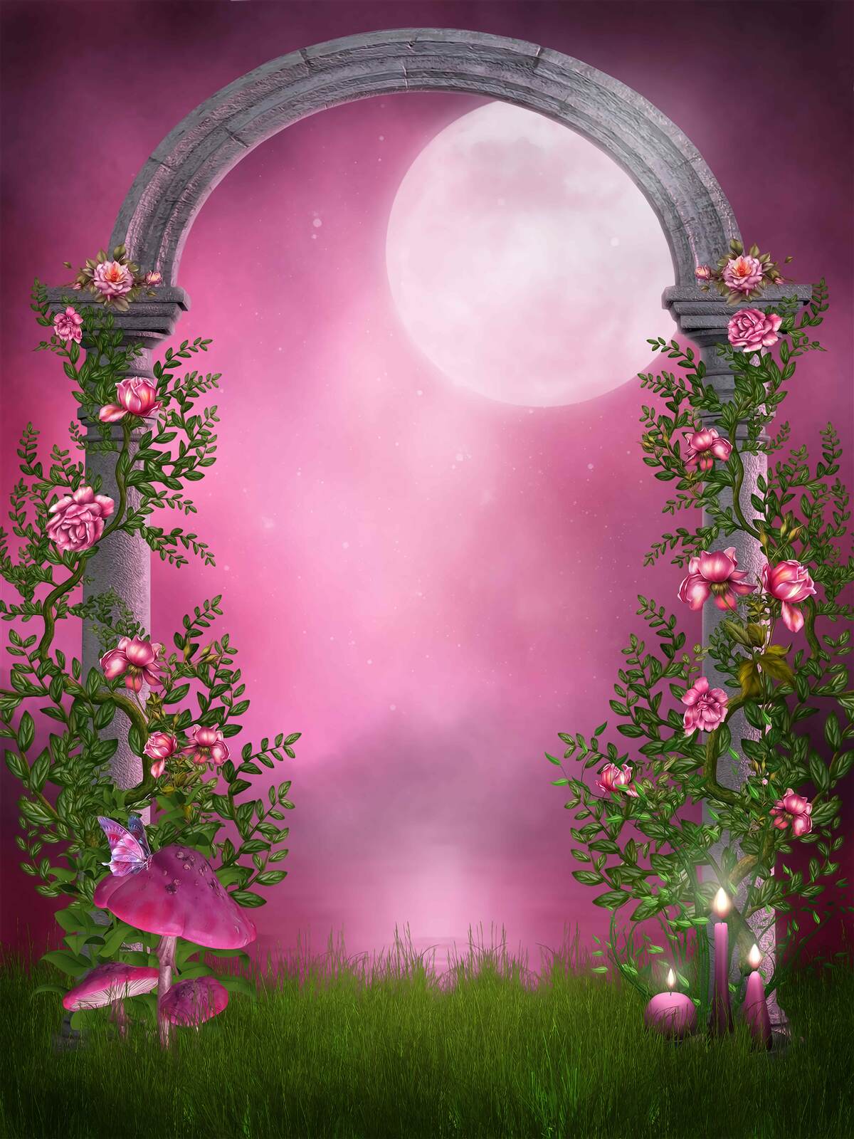 Fotobehang de maan schijnt helder en de stenen boog is bedekt met bloemen