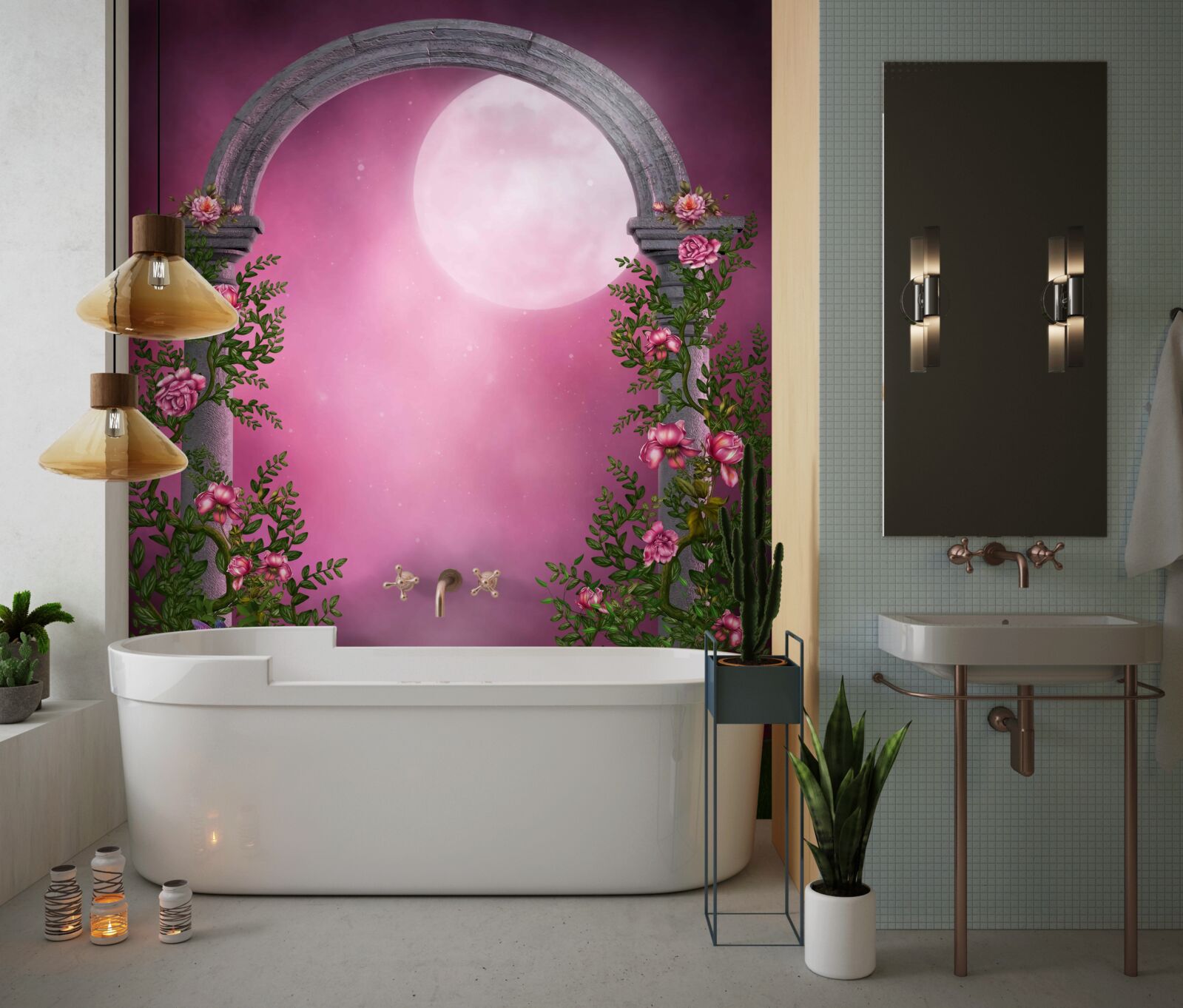 Fotobehang de maan schijnt helder en de stenen boog is bedekt met bloemen