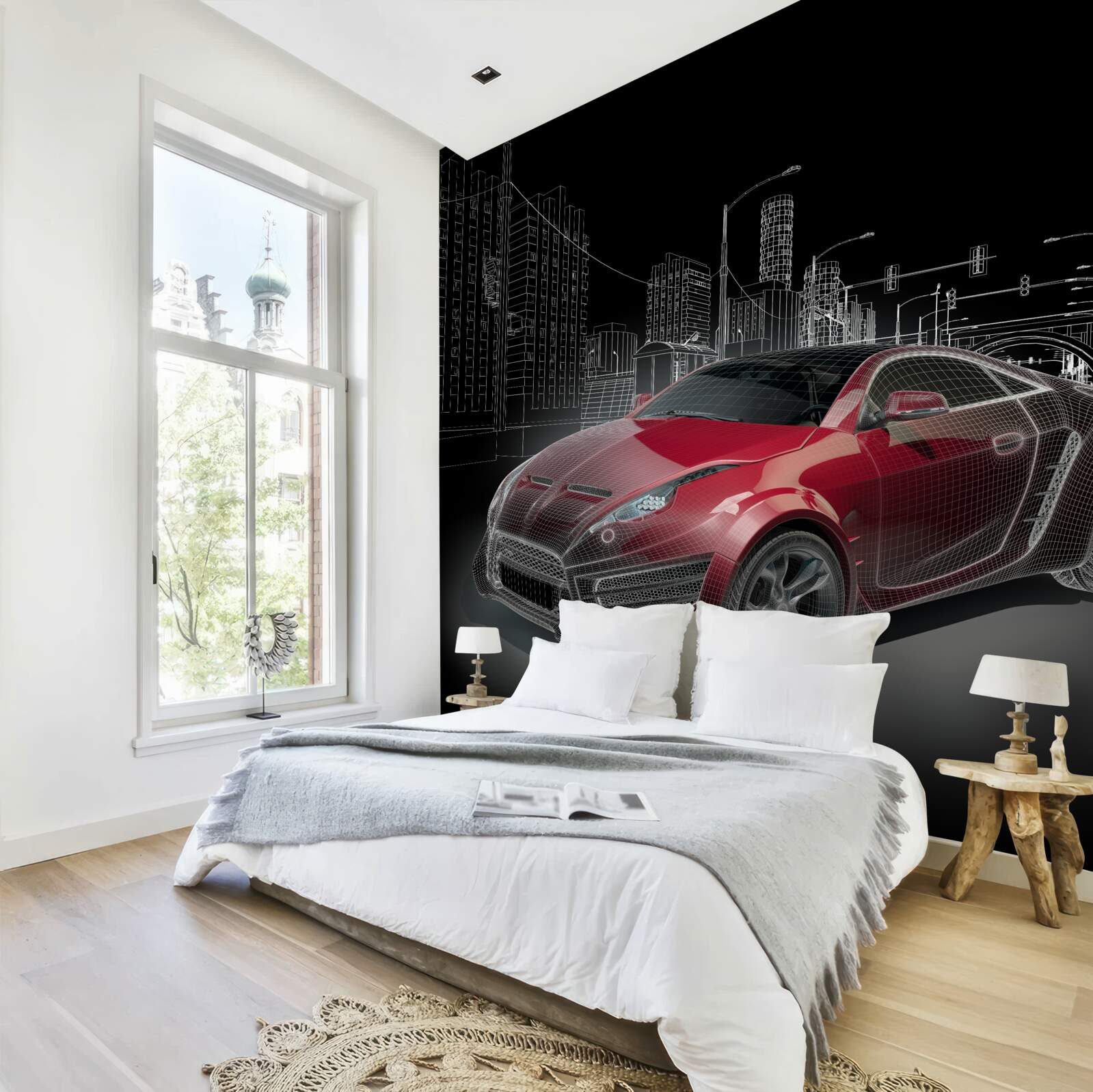 Fotobehang de tekening toont een rode sportwagen