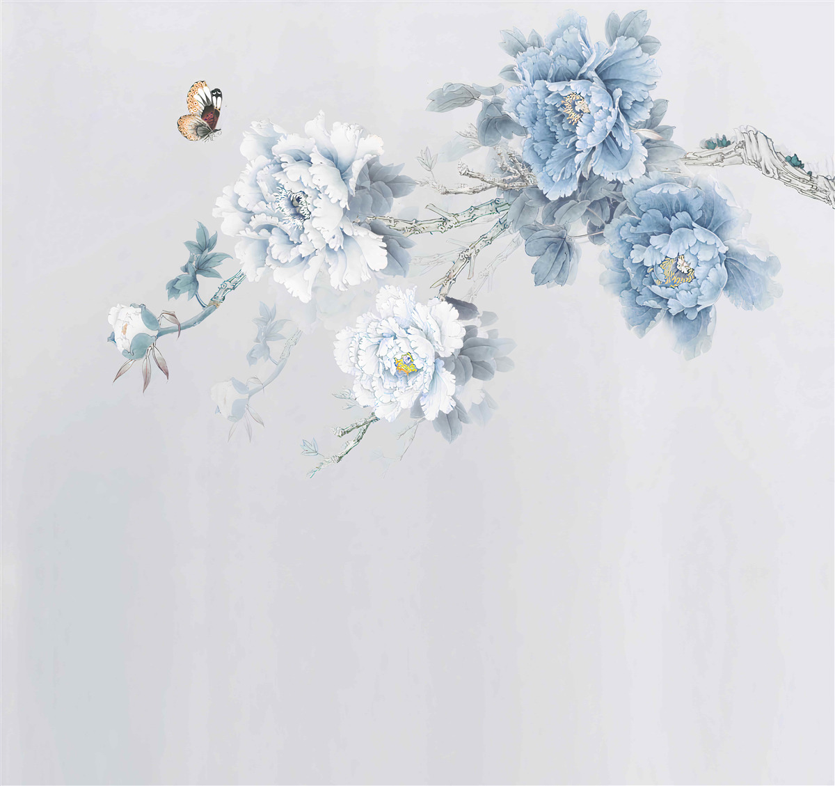 Fotobehang knoppen van witte en blauwe bloemen op een grijze achtergrond