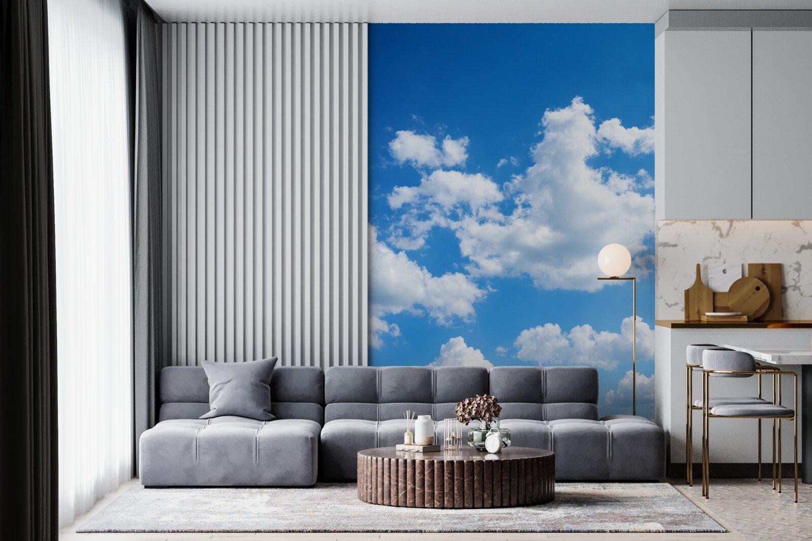 Fotobehang sneeuwwitte wolken drijven door de blauwe lucht