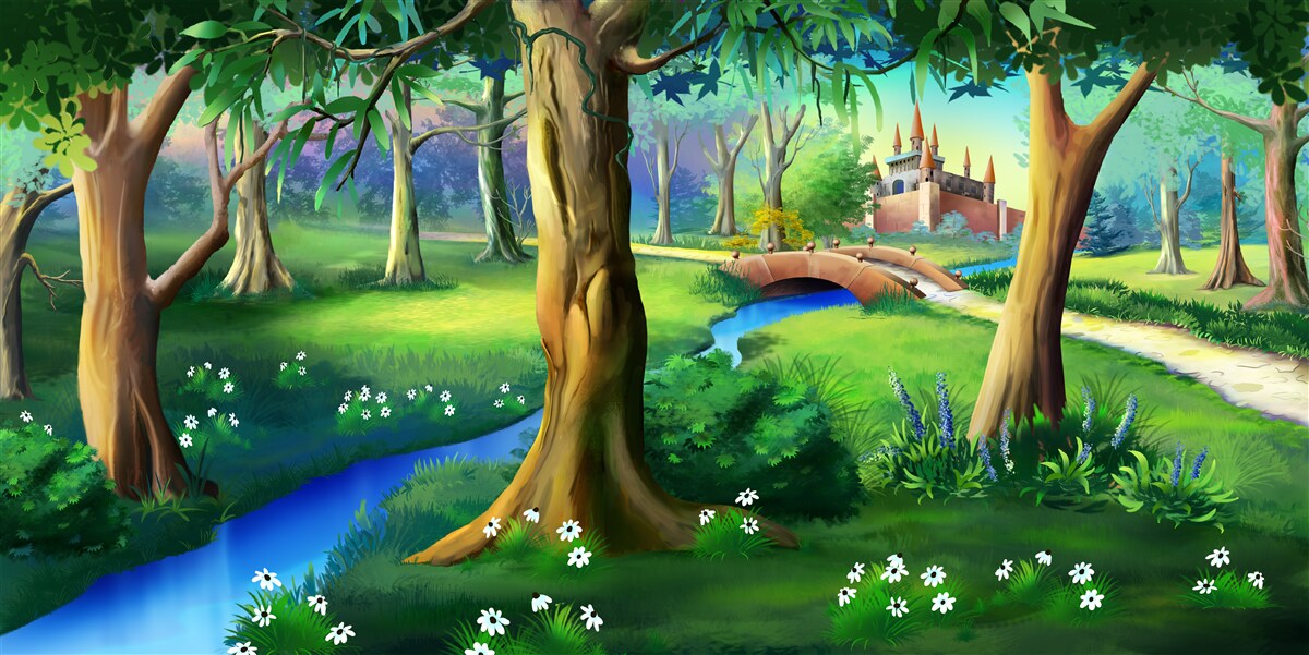 Fotobehang slanke bomen die omhoog klimmen en een rivier in een weiland