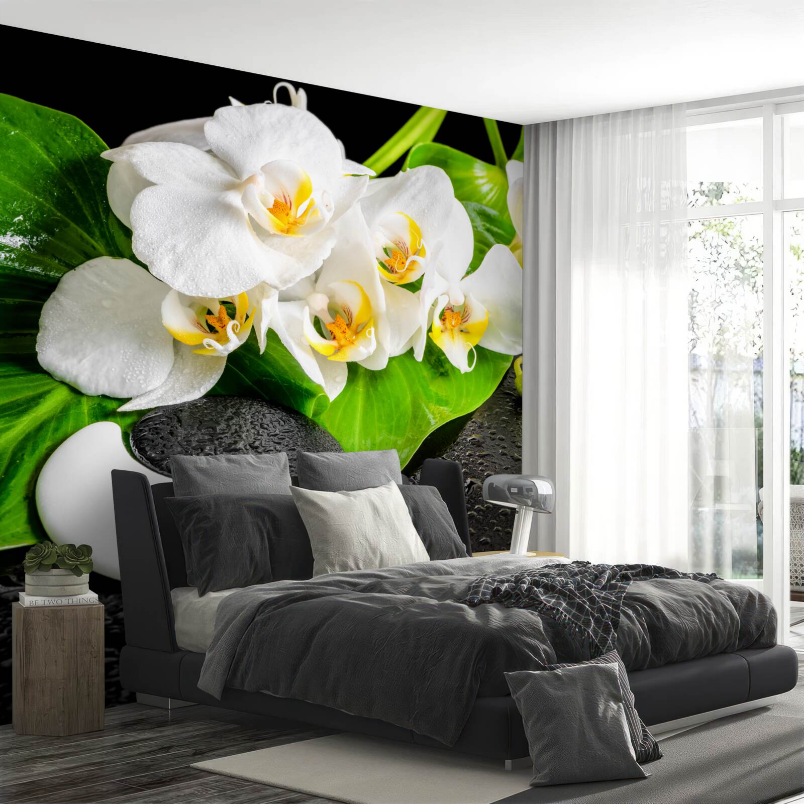 Fotobehang witte lotus op een donkere rots