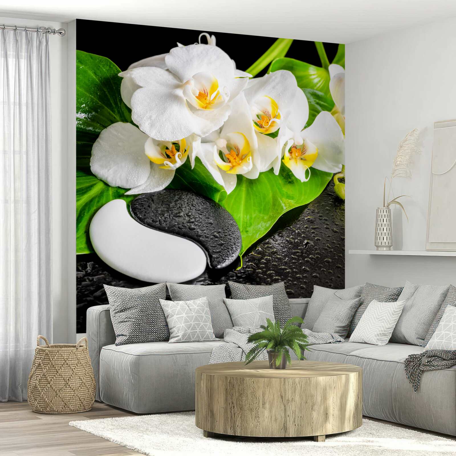 Fotobehang witte lotus op een donkere rots