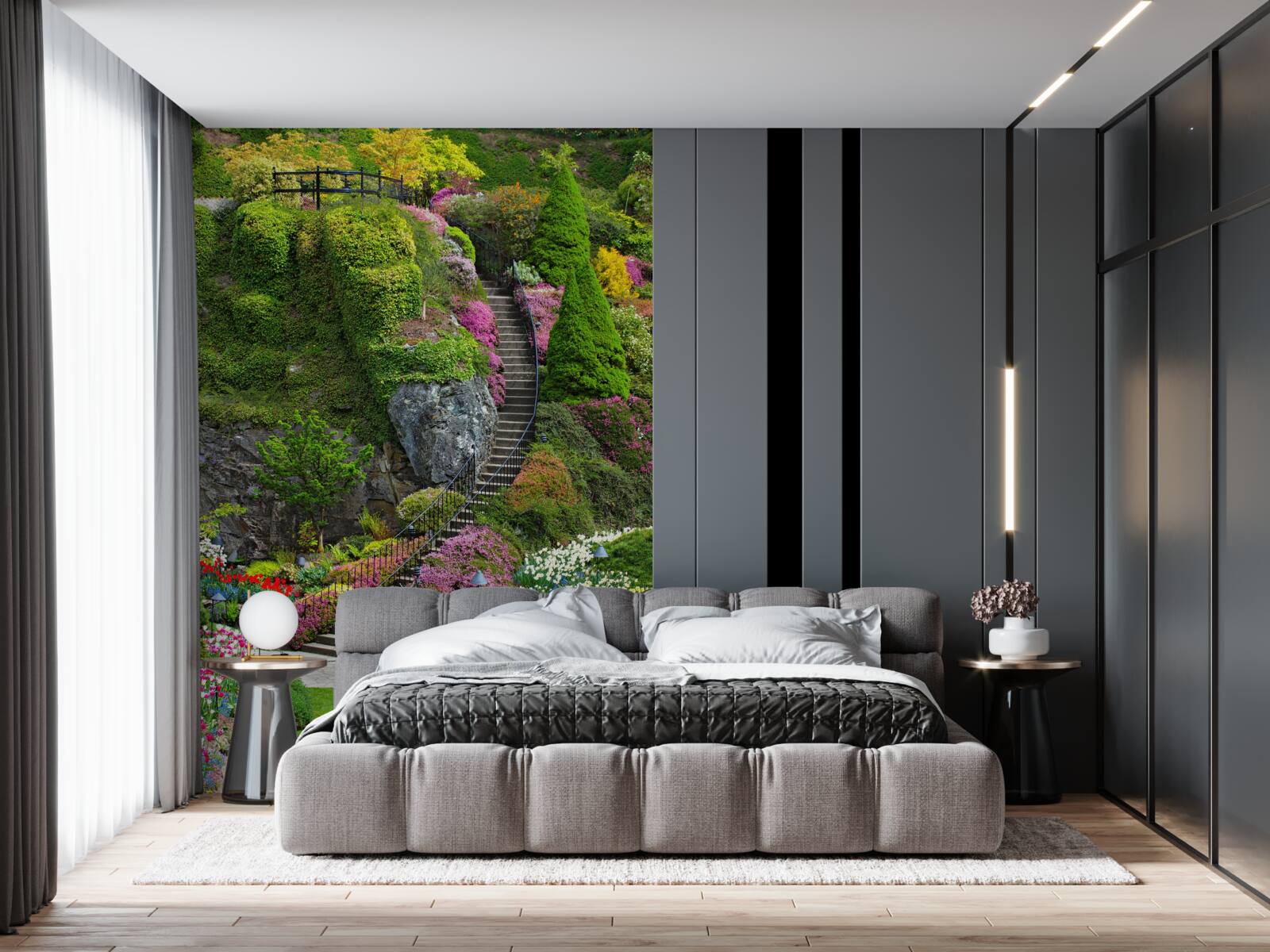 Fotobehang trap volledig ondergedompeld in groen en bloemen