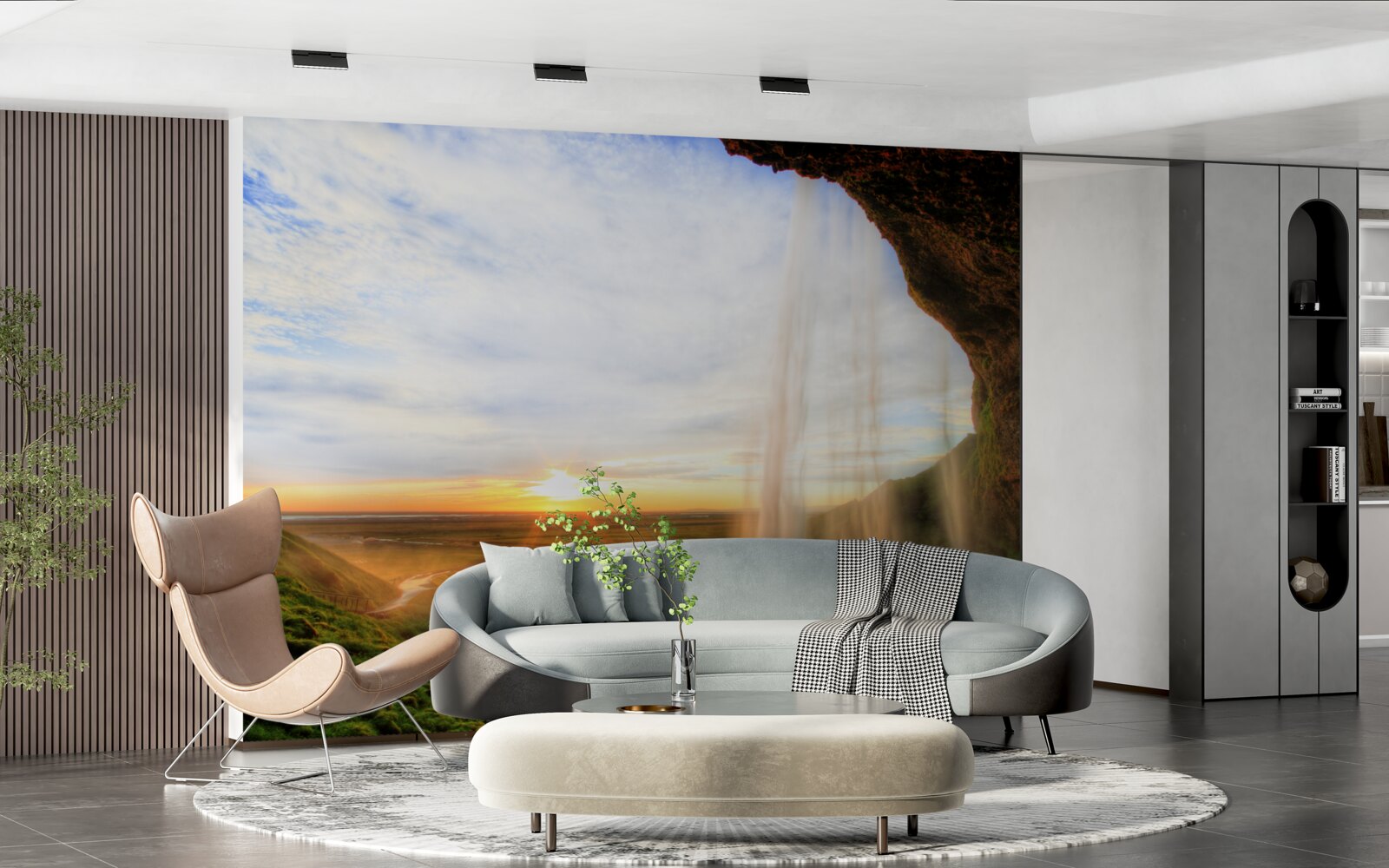 Fotobehang zonsondergang verlicht de majestueuze watervallen