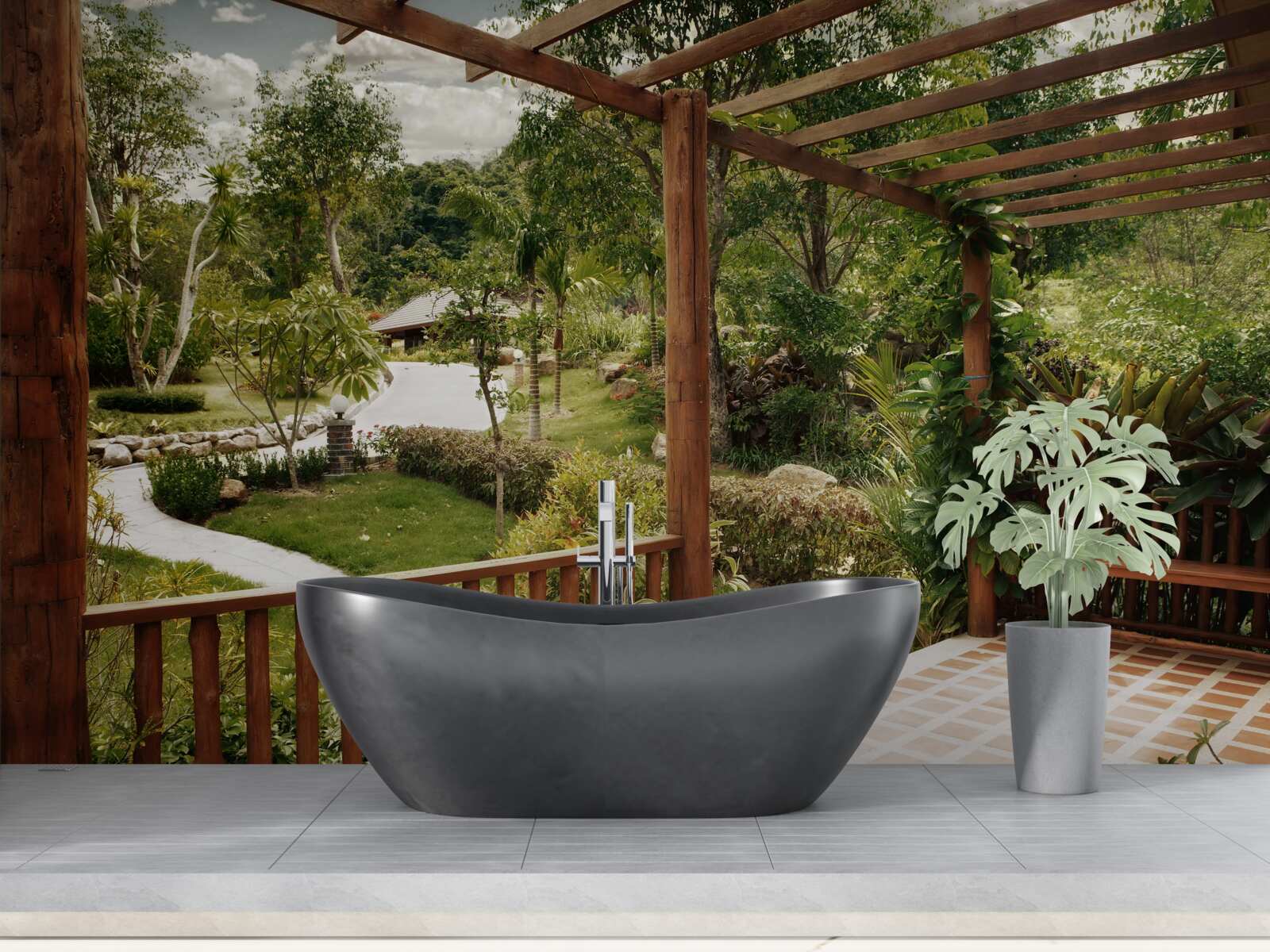 Fotobehang terras met comfort en toegang tot de vijver