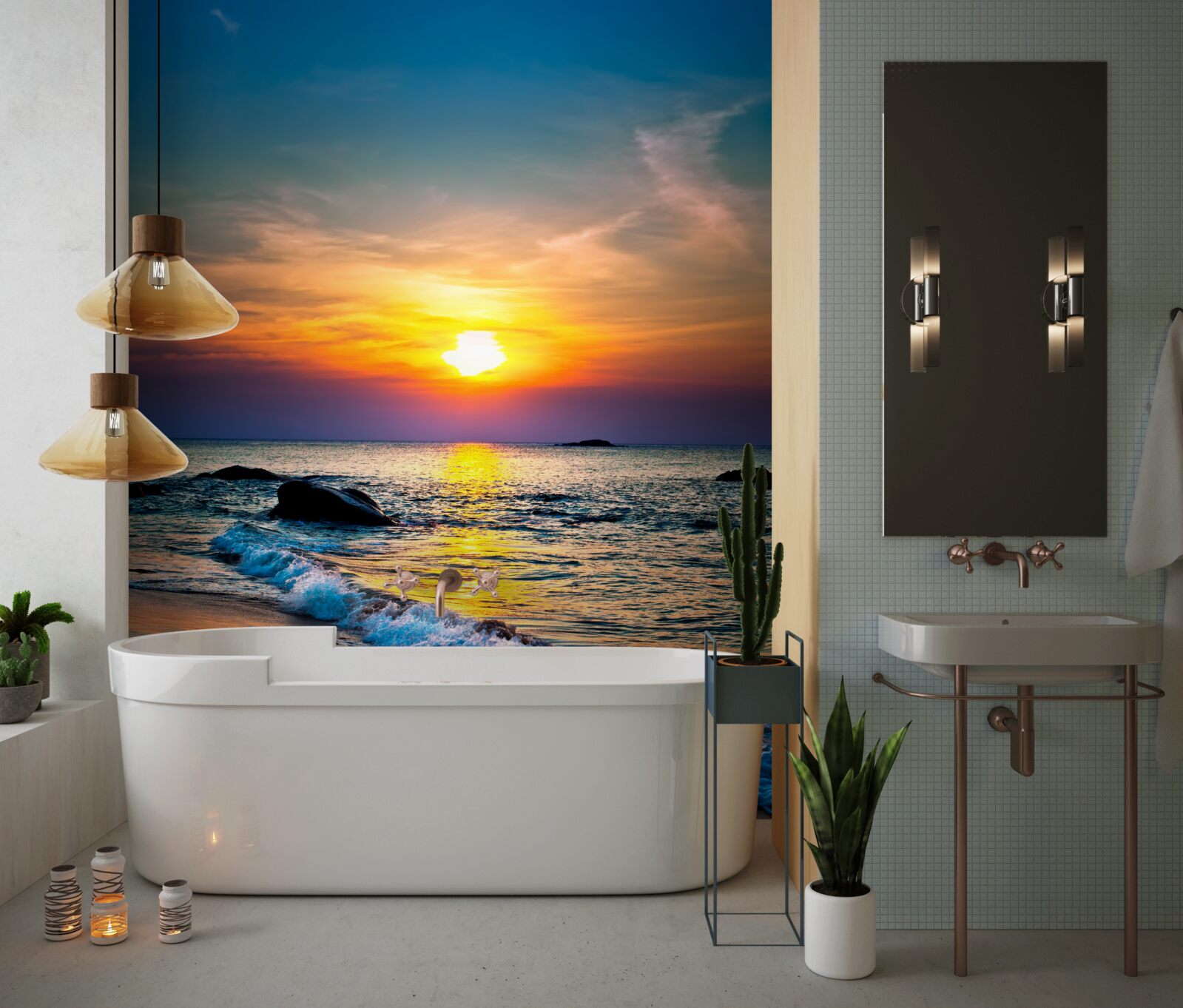 Fotobehang de zon verdwijnt achter de horizon over de zee en de kust