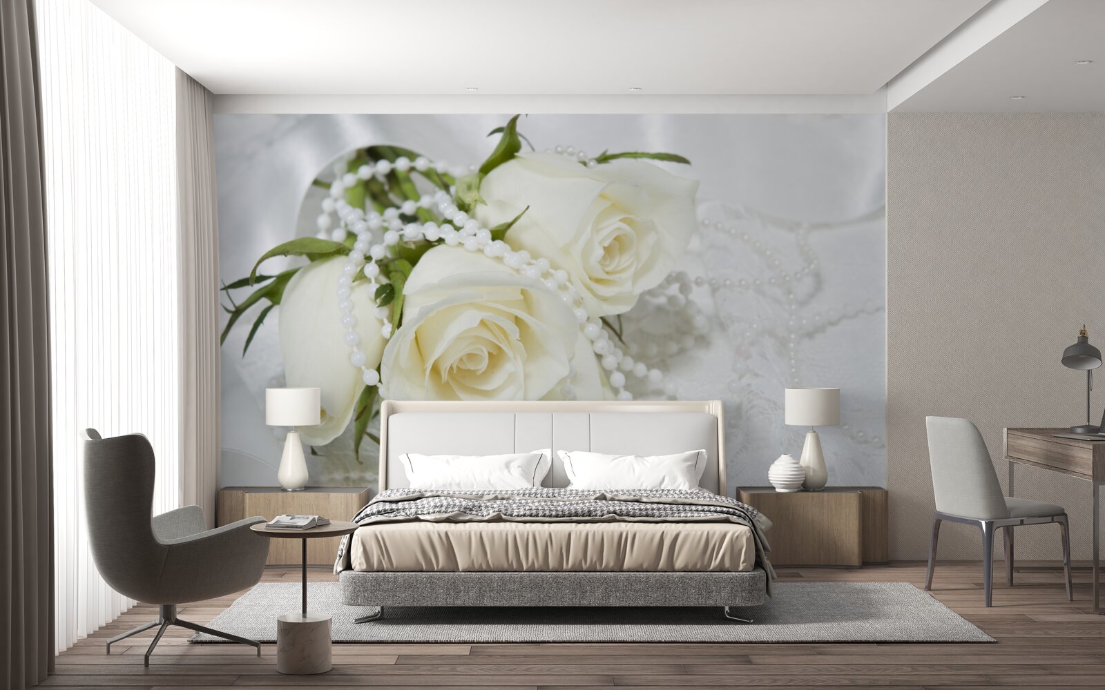 Fotobehang compositie van witte rozen met parelkraaltjes