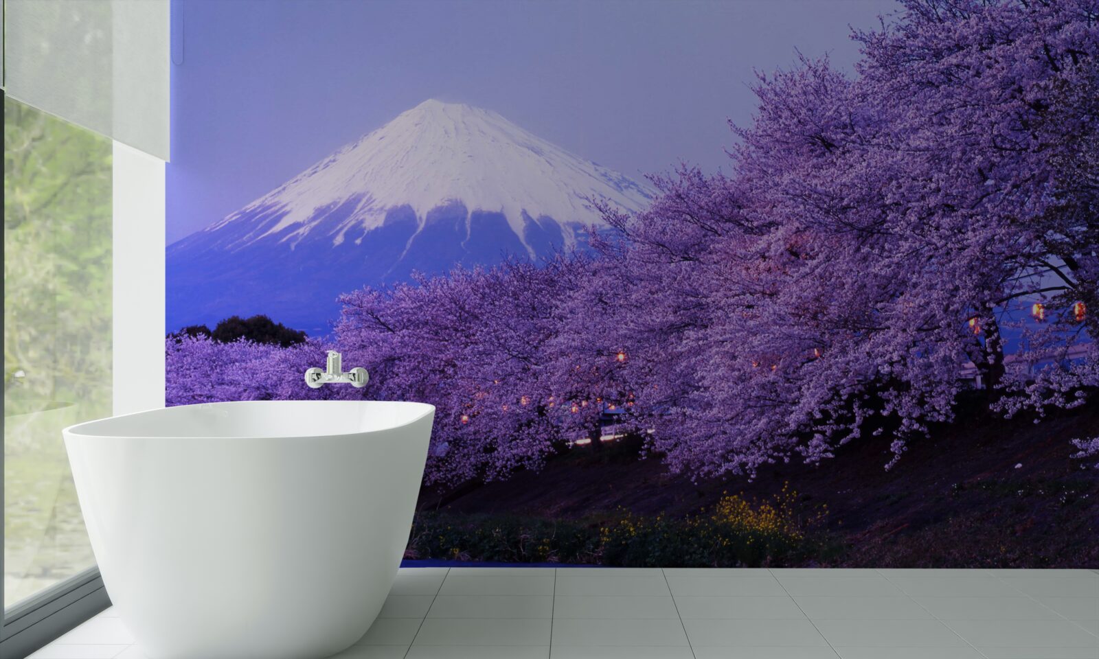 Fotobehang bomen met bloeiende paarse bloemen tegen de achtergrond van Mt. fuji
