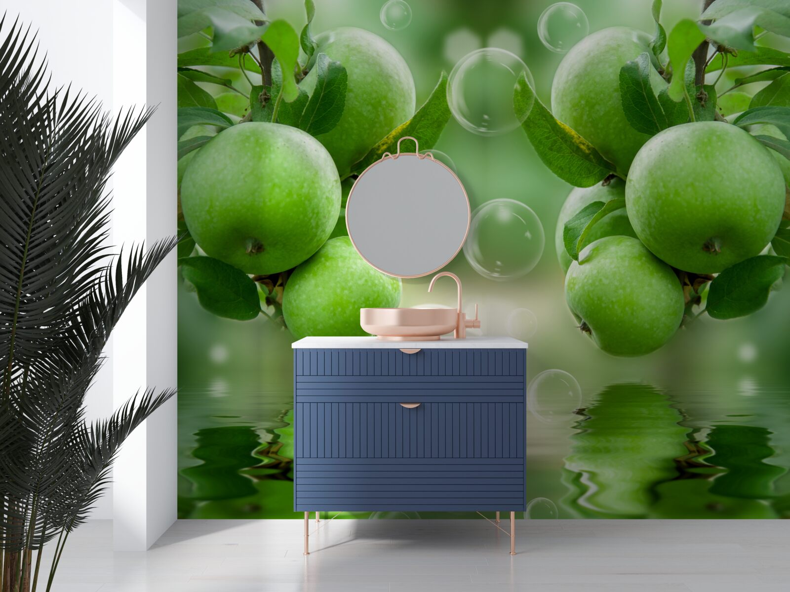 Fotobehang groene appels sappige weerspiegeling in water