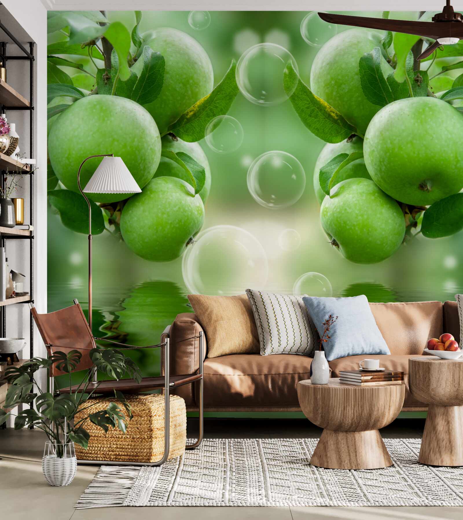 Fotobehang groene appels sappige weerspiegeling in water