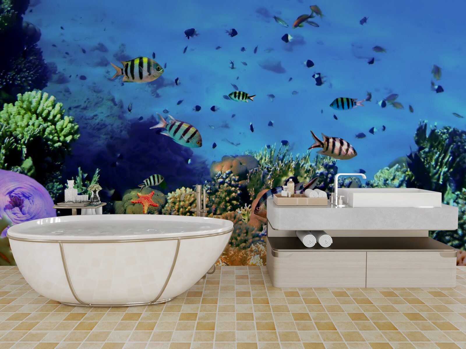 Fotobehang gestreepte vissen in de diepten van de oceaan