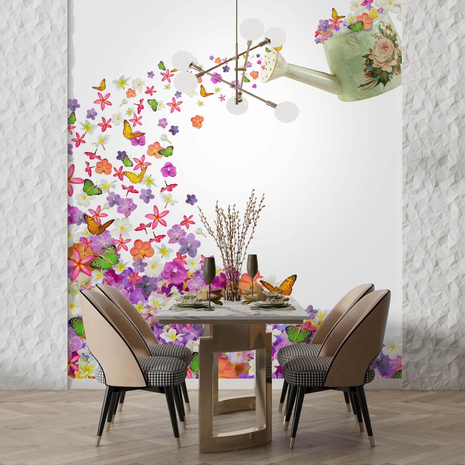 Fotobehang waterschaal met zomerbloemen en vlinders
