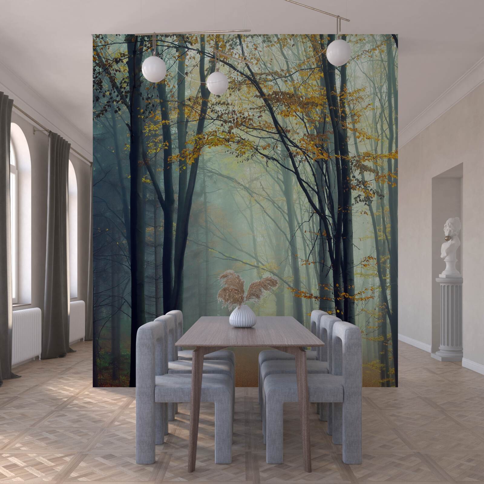 Fotobehang herfstbos gehuld in mist
