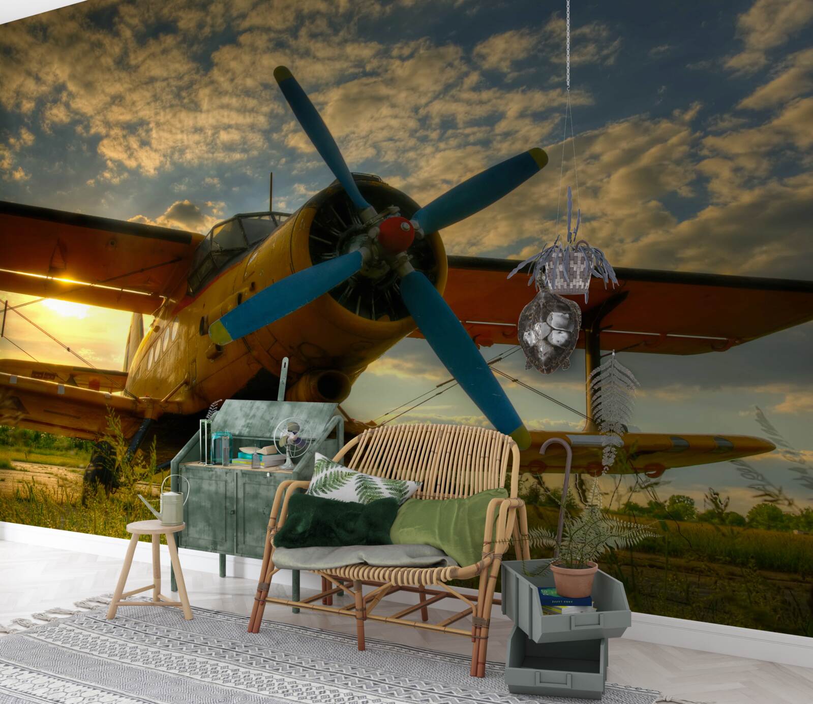 Fotobehang in het veld staat een vintage vliegtuig met een propeller