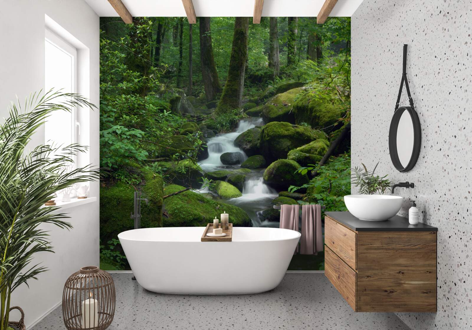 Fotobehang een klein stroompje in het dichte groen van het bos