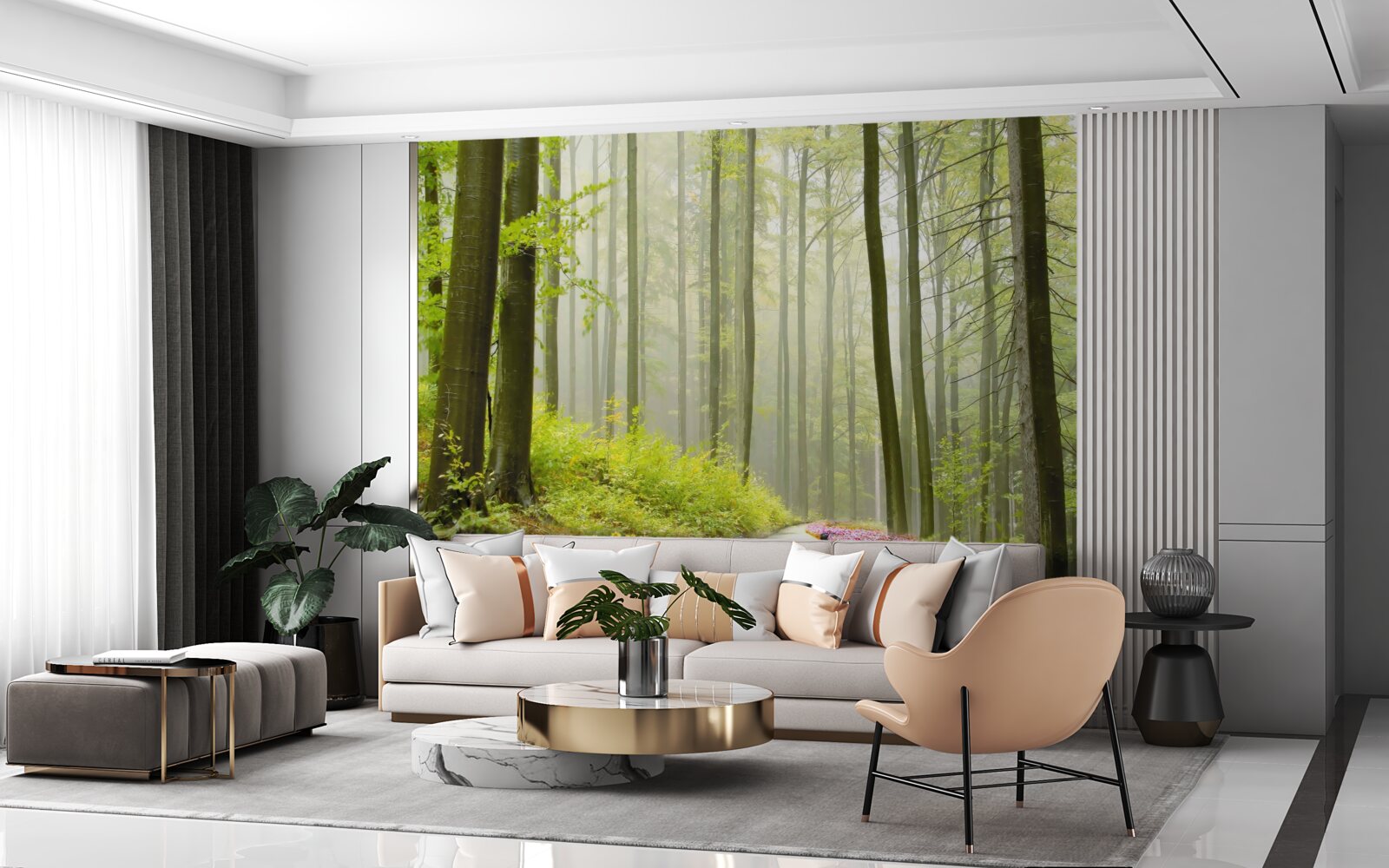 Fotobehang een beetje mist in een sierlijk bos