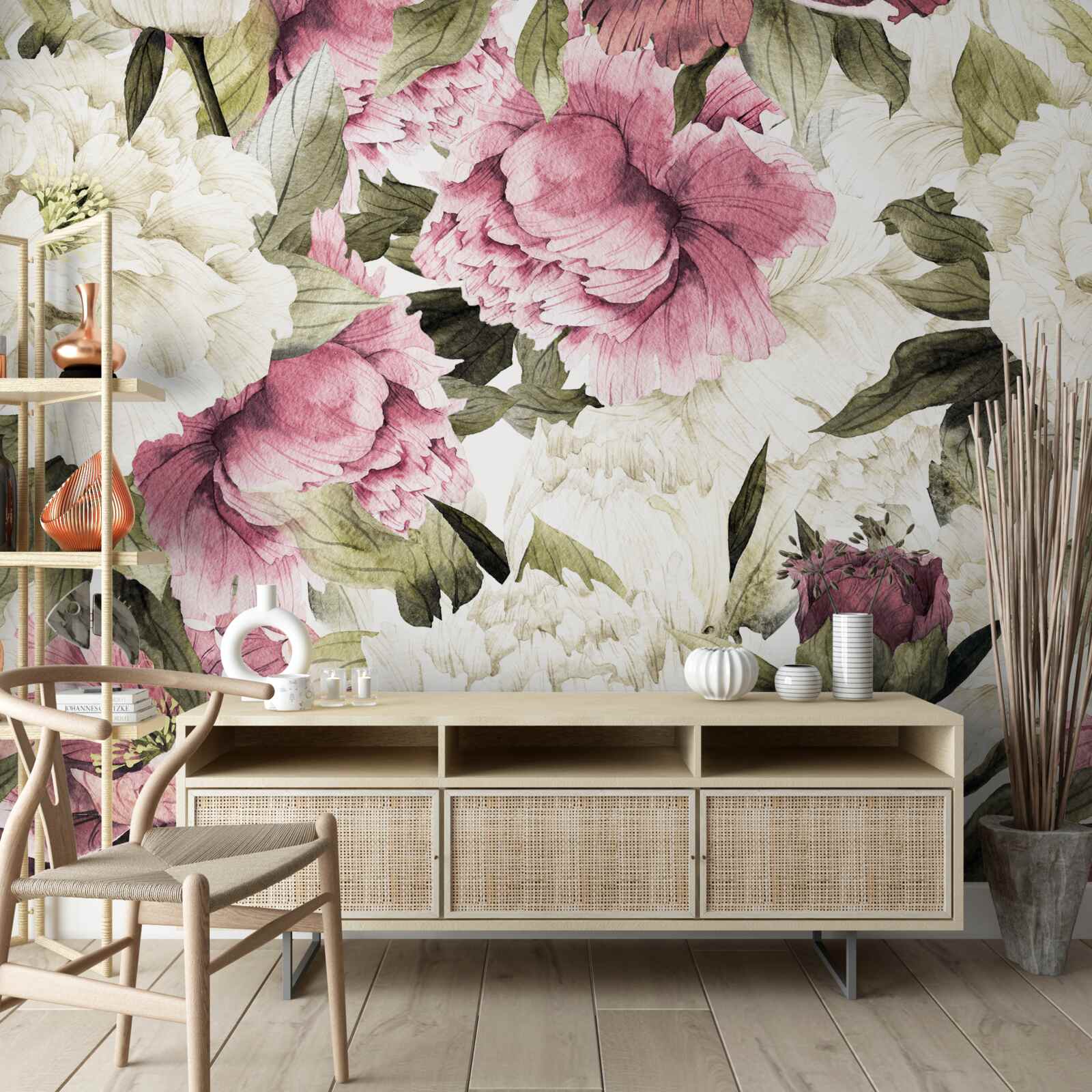 Fotobehang zachte witte en roze bloemen bloeiden op de takken van de boom