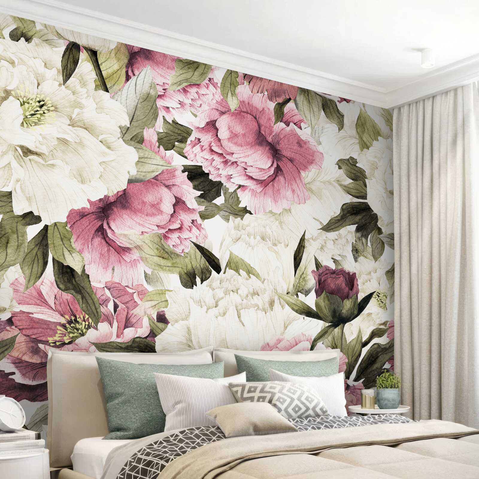 Fotobehang zachte witte en roze bloemen bloeiden op de takken van de boom