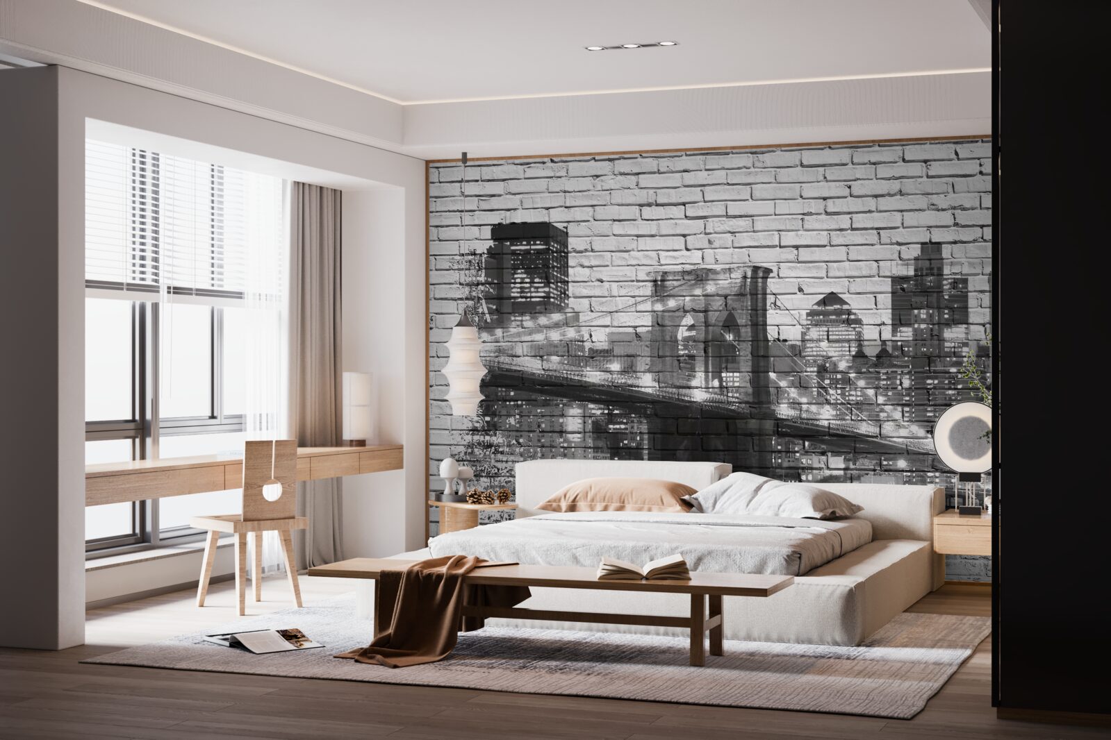 Fotobehang brug van manhattan met stadsgezicht op baksteen