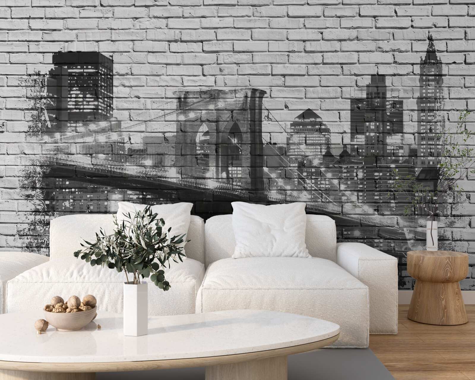 Fotobehang brug van manhattan met stadsgezicht op baksteen