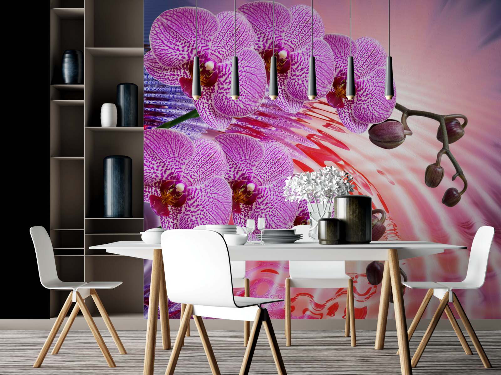 Fotobehang weerspiegeling van een luipaardorchidee met lila takken