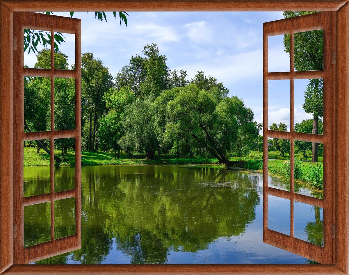 Fotobehang panoramisch natuurlandschap achter het raam