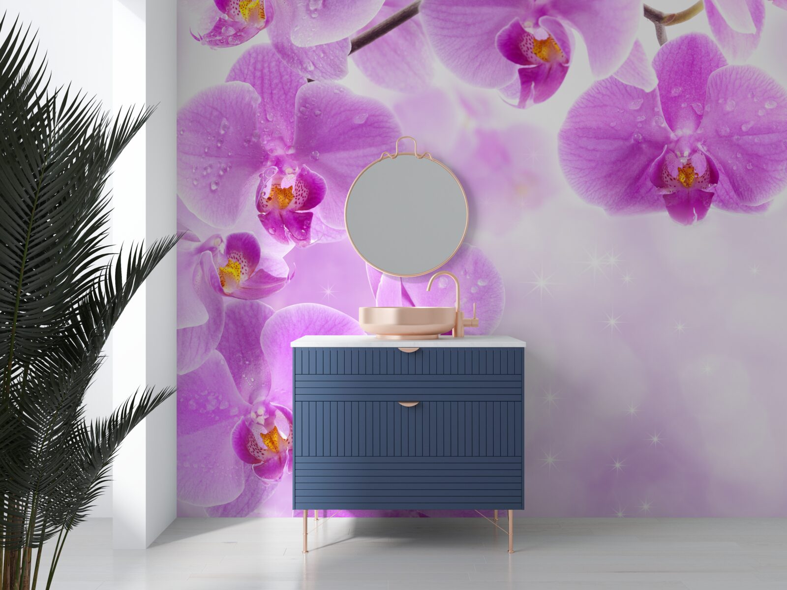 Fotobehang grote paarse orchideeën bloeiden op de tak