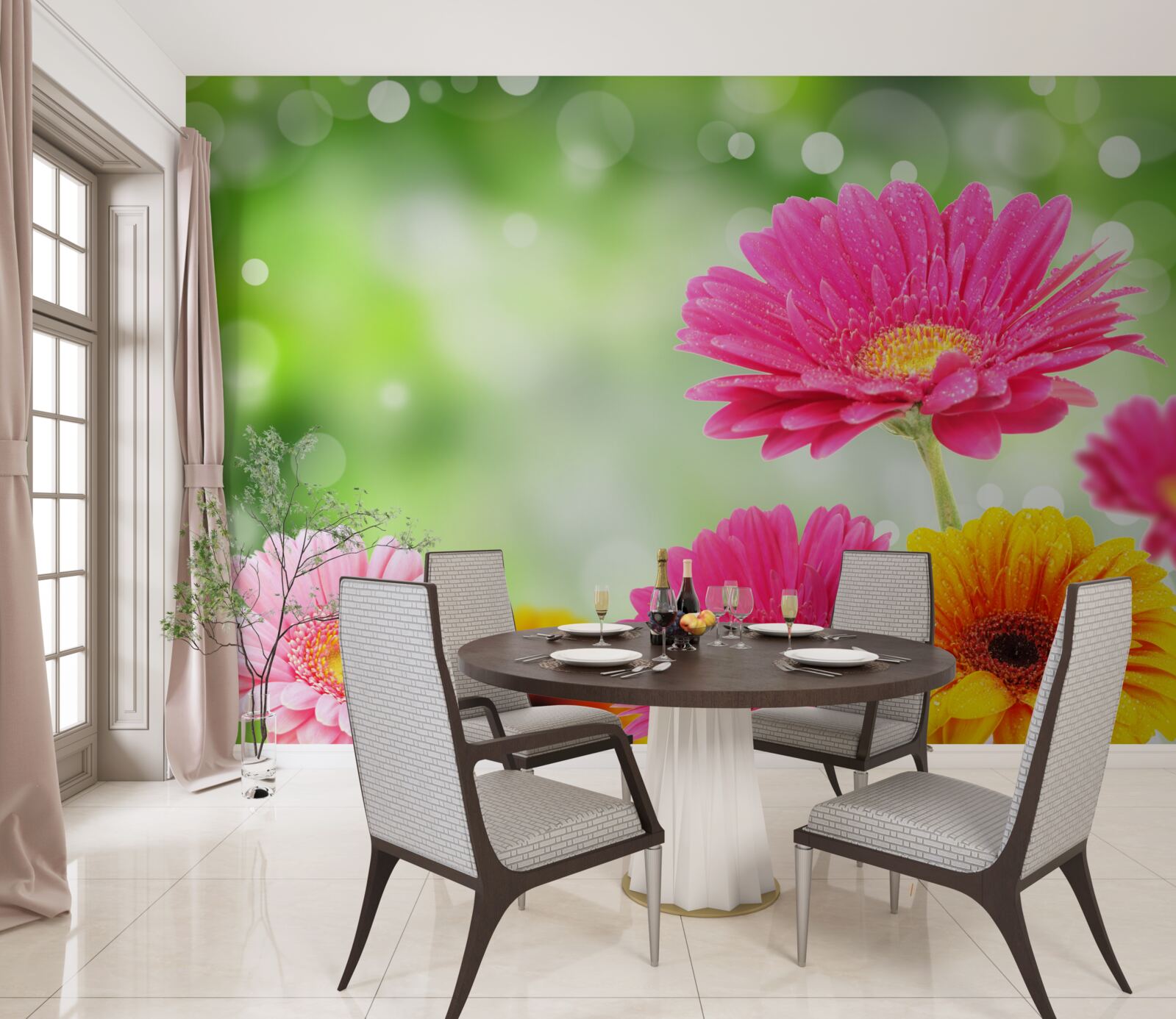Fotobehang gerbera's schitteren onder de regendruppels
