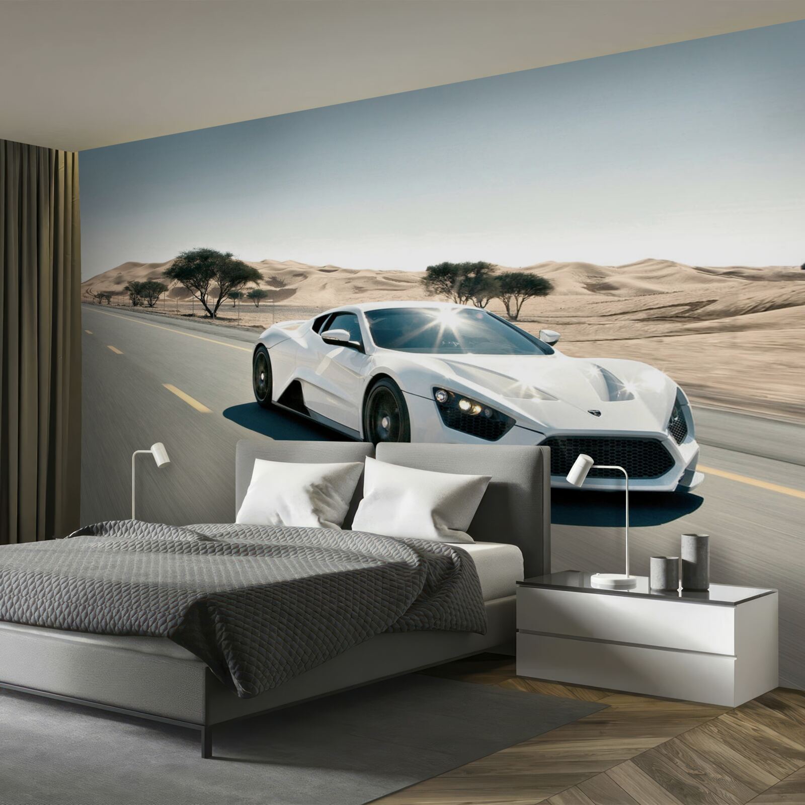 Fotobehang een witte sportwagen rijdt over een lege weg