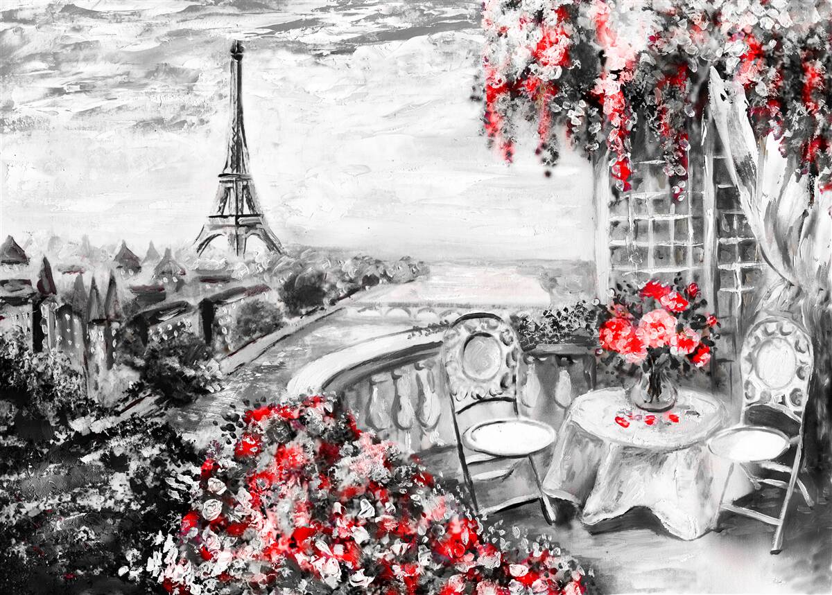 Fotobehang gezellig verandacafé met uitzicht op de eiffeltoren