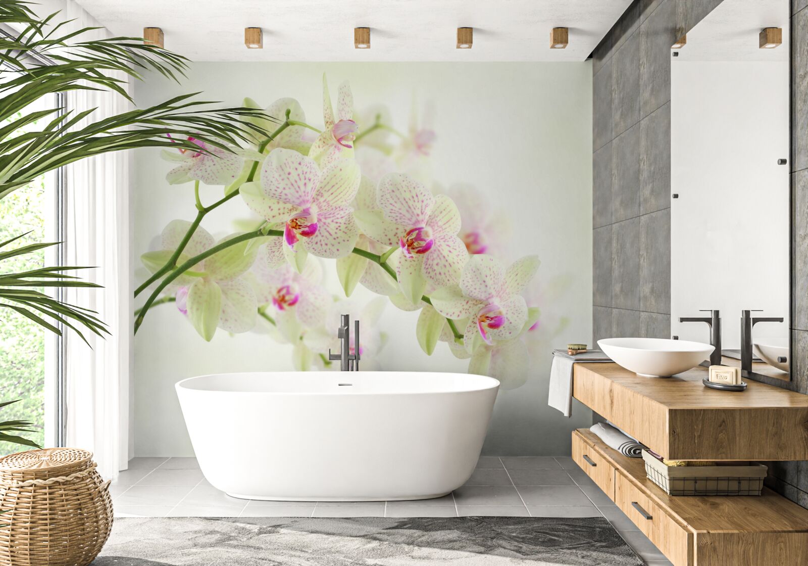 Fotobehang ongewoon weelderige takken met orchideeënknoppen