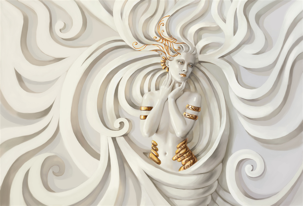 Fotobehang beeld van een vrouw met gouden elementen en abstracte patronen