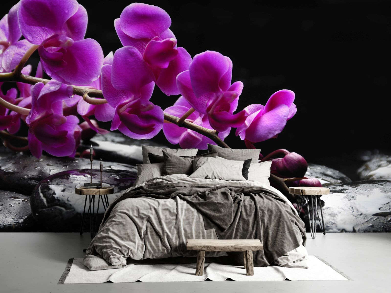 Fotobehang zwarte steen met paarse orchideeëntak