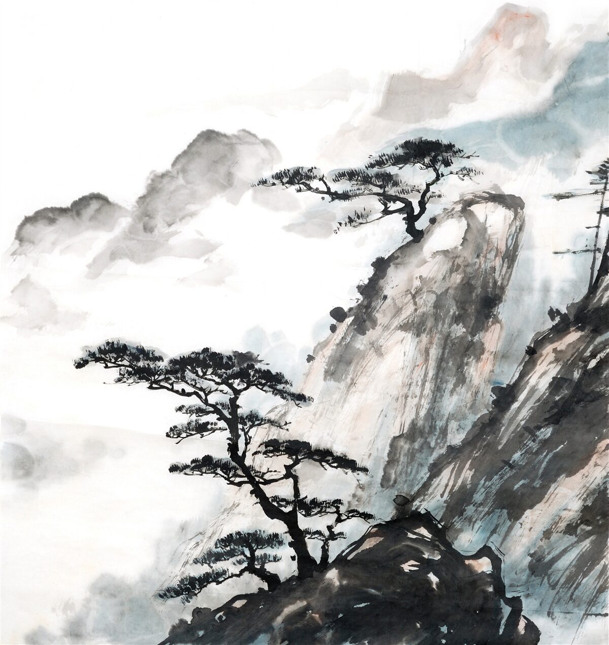 Fotobehang aquarel van een waterval en eenzame bomen