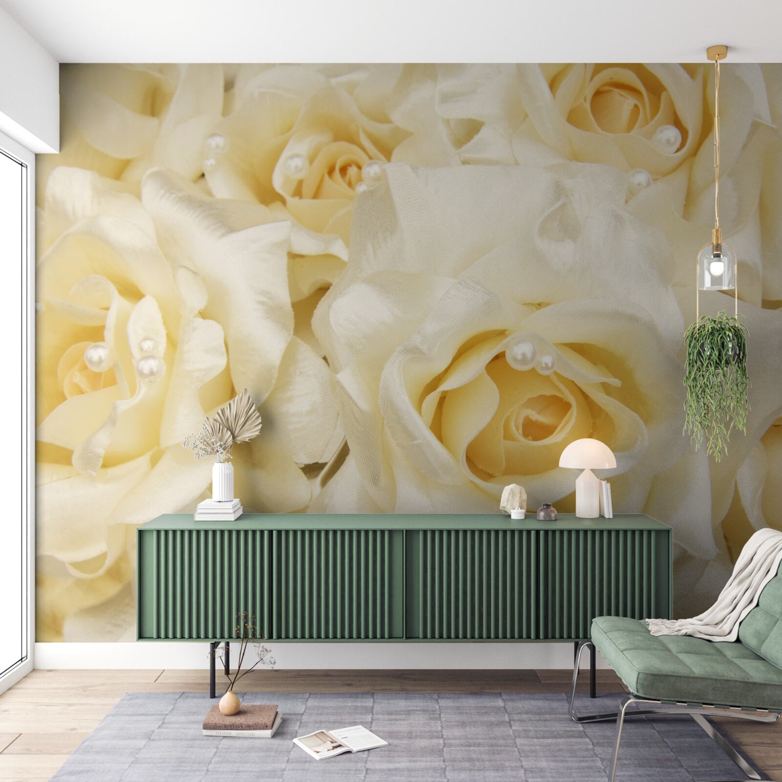 Fotobehang compositie van rozen met delicate witte bloemblaadjes en geel hart
